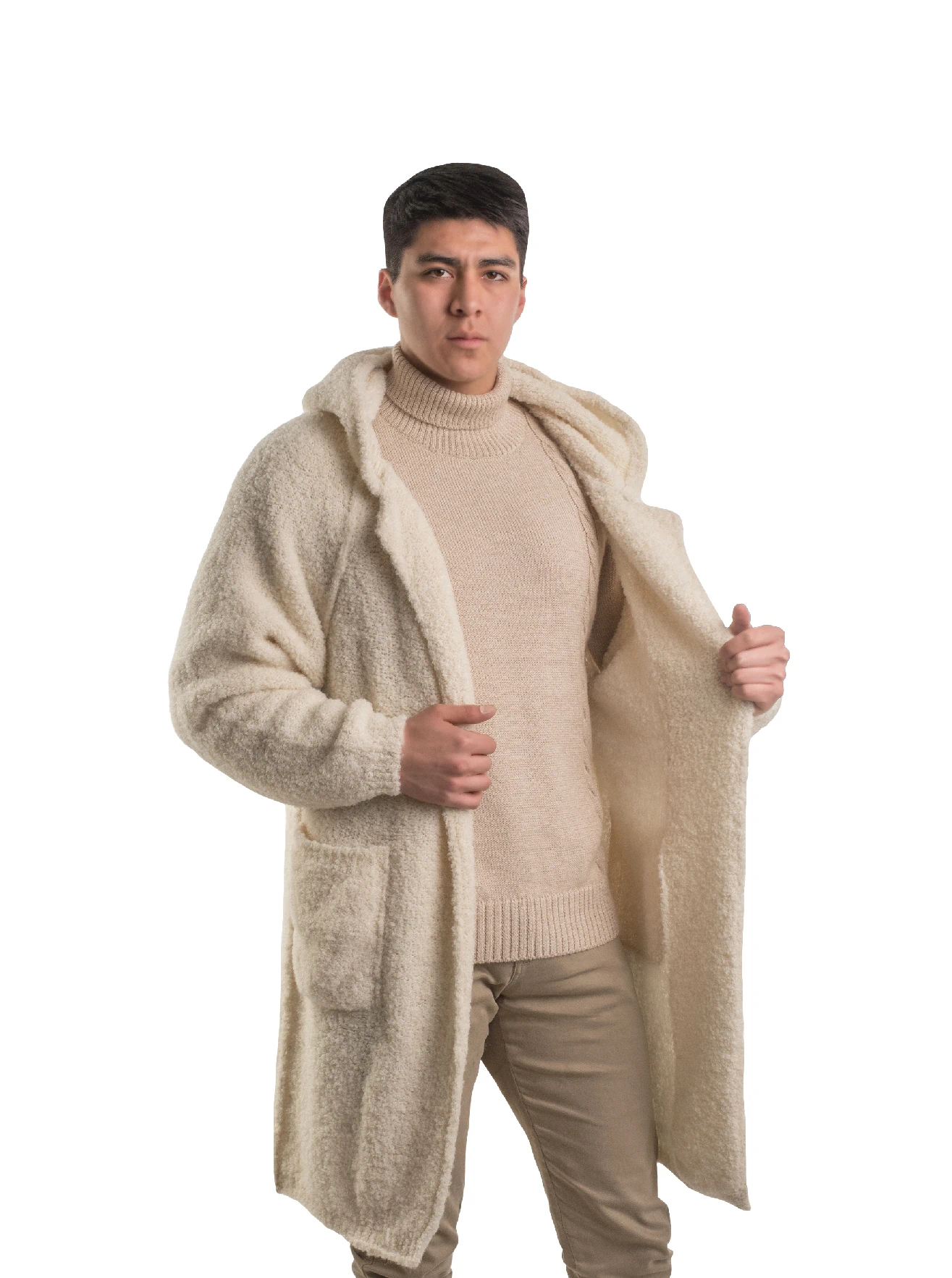 Stitching Coat With Hood - 43% baby alpaca, 43% sheep wool, and 14% polyamide